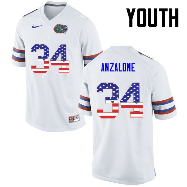 Florida Gators Youth #34 Alex Anzalone College Football Jersey USA Flag Fashion White